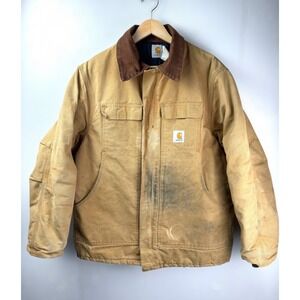 Vintage 90's Carhartt Arctic Detroit Work‎ Jacket XL Tan Canvas, corduroy collar